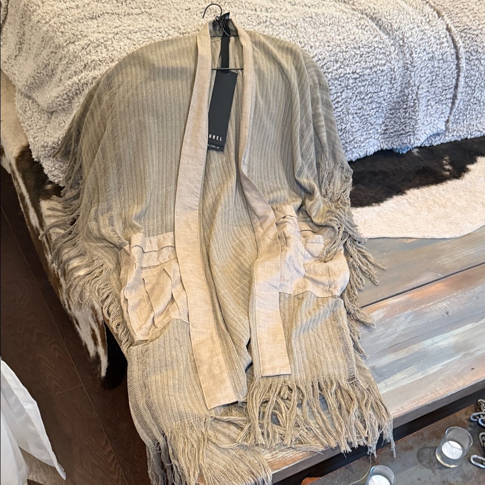 Men’s Beige Open Front Fringe Cardigan - Picture 8 of 8